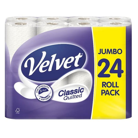 Velvet Classic Quilted Toilet Paper Bulk Buy, 24 White 3 ply Toilet Tissue Rolls