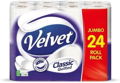 Velvet Classic Quilted Toilet Paper Bulk Buy, 24 White 3 ply Toilet Tissue Rolls